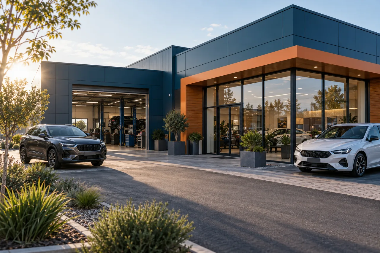 Illustration : Extérieur fictif d’un atelier et showroom automobiles pour illustrer la découverte de l’annuaire