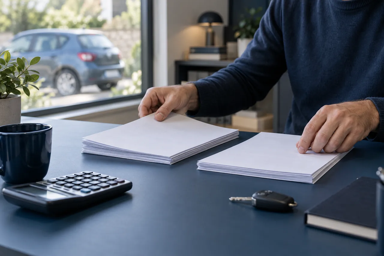 Illustration : deux dossiers, une calculatrice et une clé de voiture pour préparer un budget de sortie du crédit