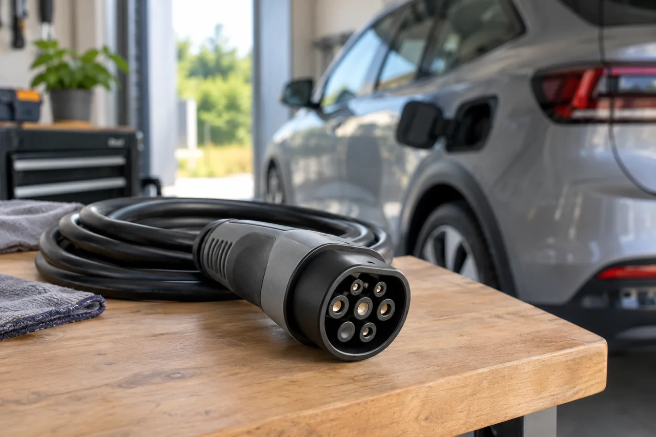 Illustration : câble et poignée de recharge sur un établi près d’une voiture