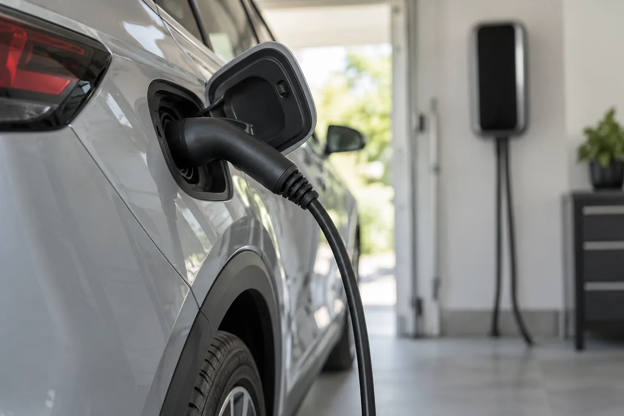 Illustration : voiture électrique branchée à une borne dans un garage