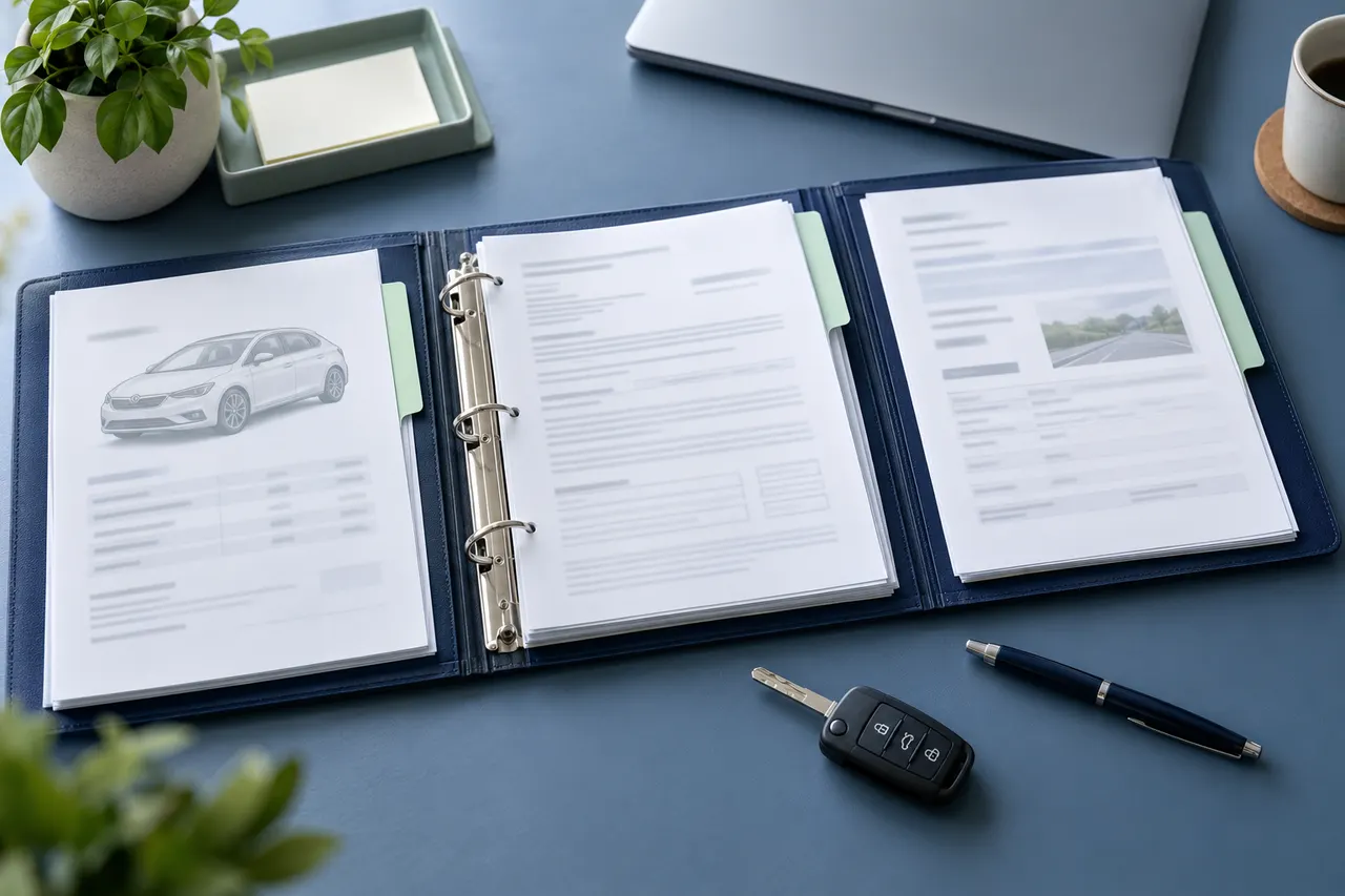 Illustration : classeur, justificatifs et clé pour organiser les preuves d’une vente automobile