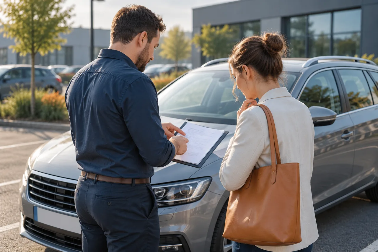 Illustration : Deux personnes examinent un dossier près d’une voiture dans un parking professionnel