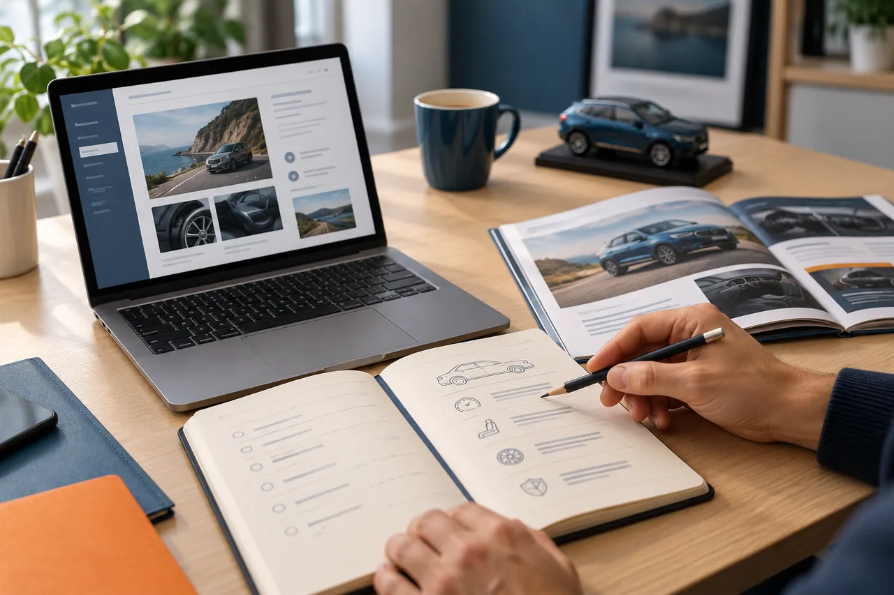 Illustration : Lecture croisée d’une brochure automobile et d’une interface documentaire sur ordinateur