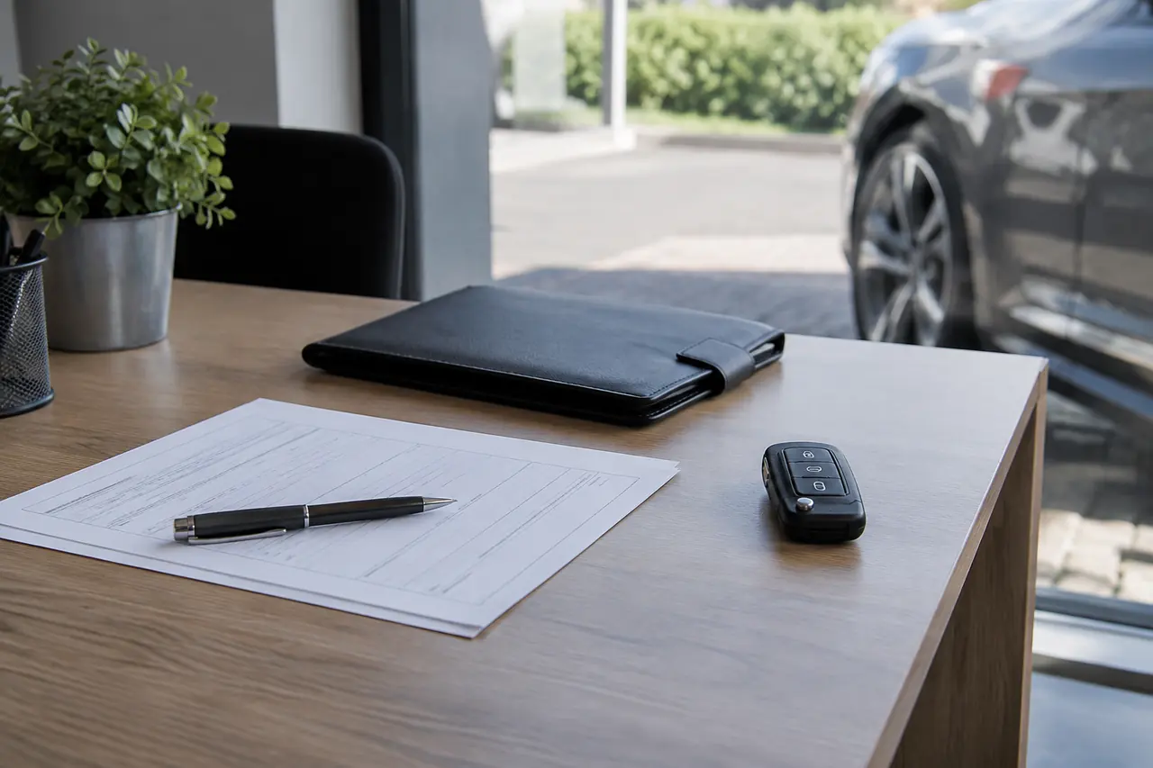 Dossier, stylo et clés de voiture préparés sur une table