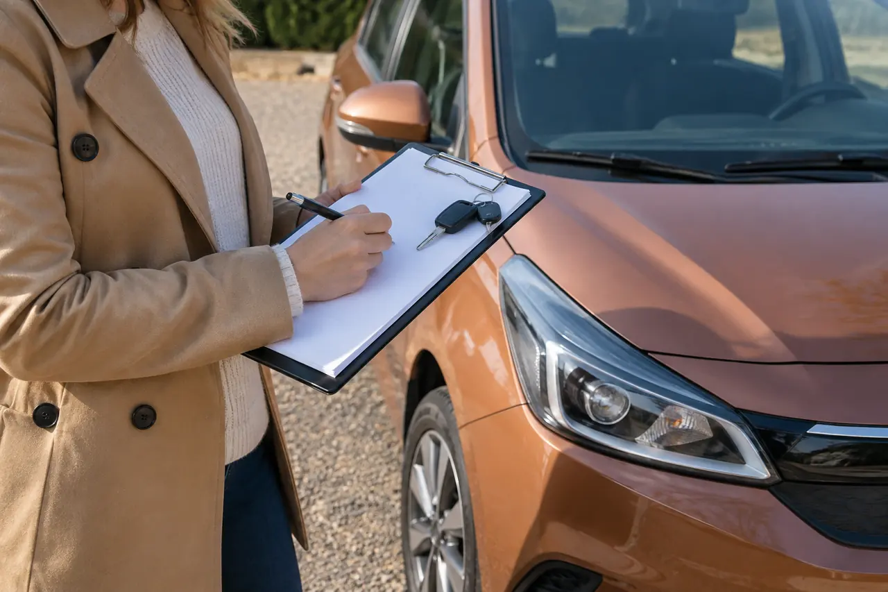 Examen d’une voiture avec une tablette et une fiche d’inspection