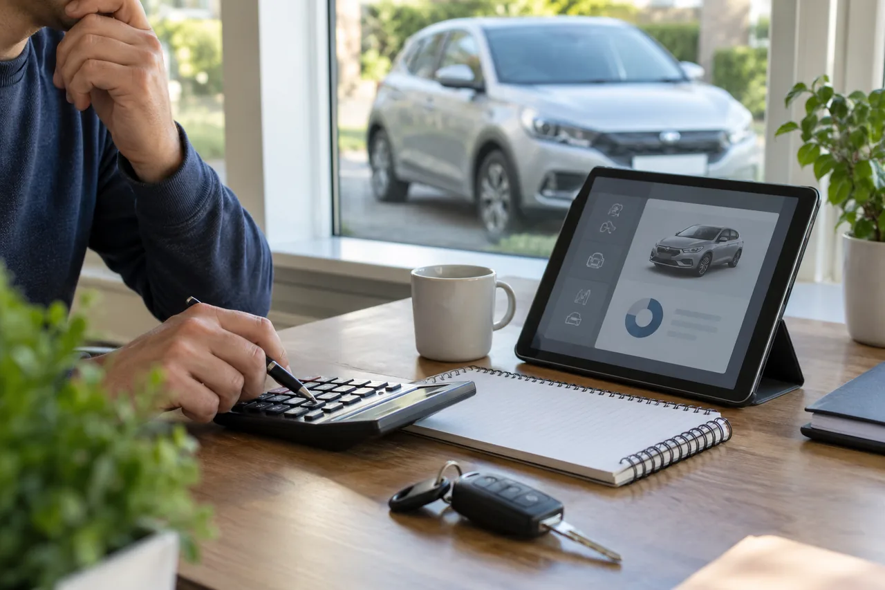 Calcul du budget automobile avec calculatrice, carnet et tablette — illustration photographique