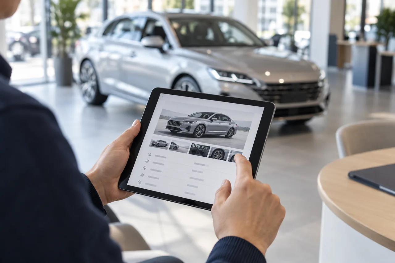 Consultation des informations d’un constructeur sur une tablette devant une voiture en showroom — illustration photographique