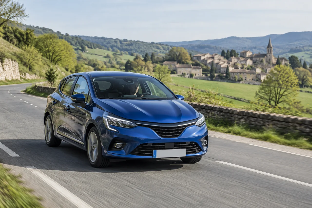 Voiture sur une route de campagne française entre champs et village