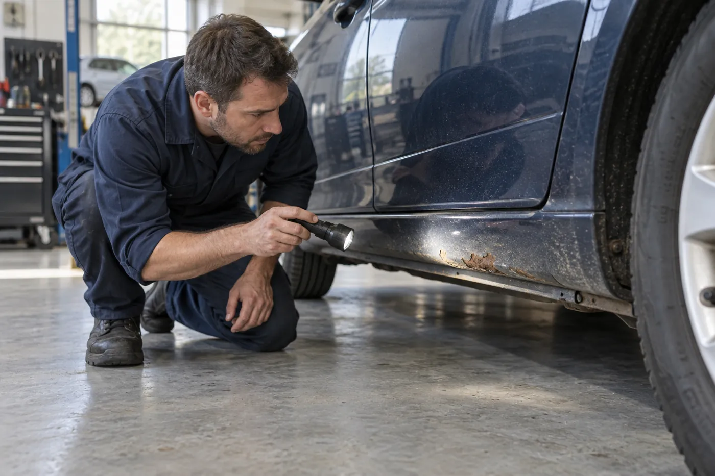 Inspection d’une zone de corrosion sur un bas de caisse