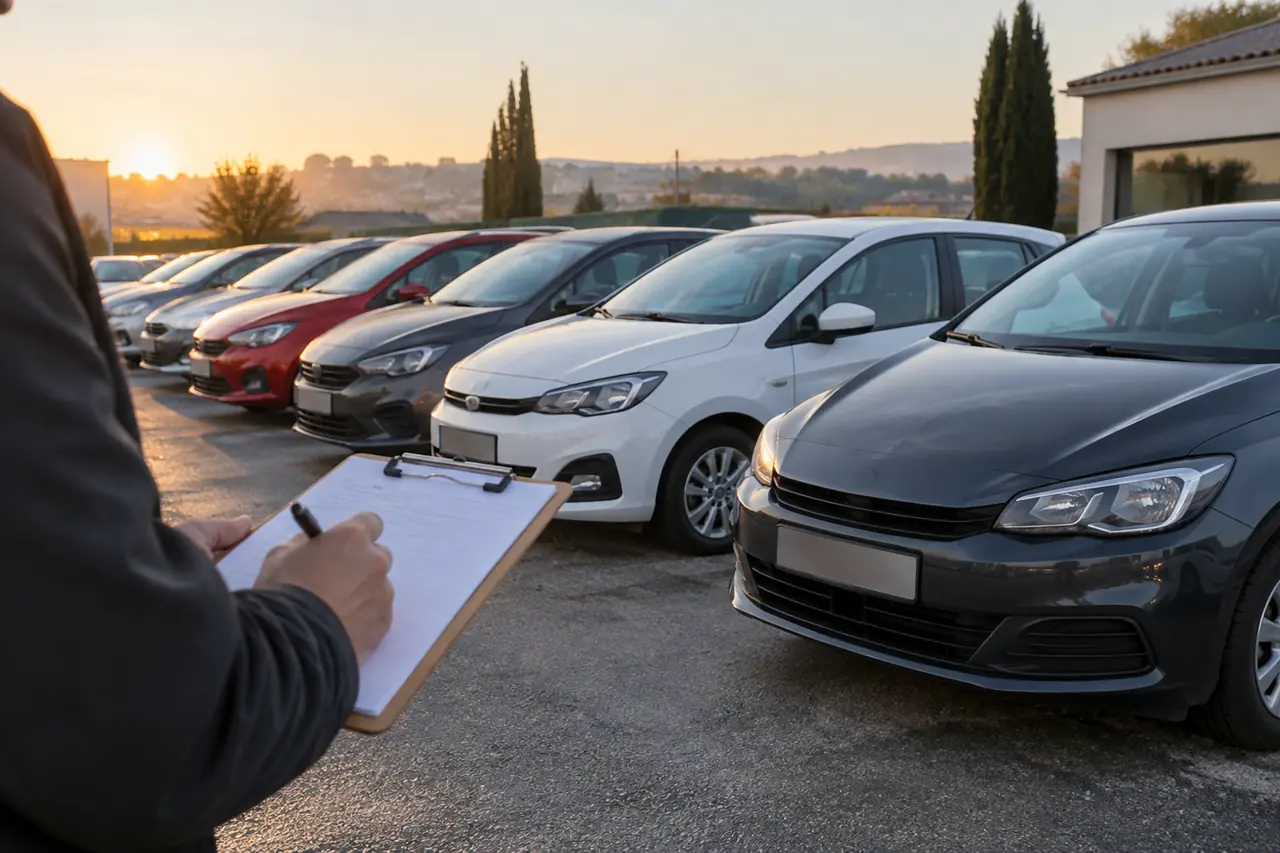 Rangée de voitures d’occasion sur un parc automobile avec un carnet de notes
