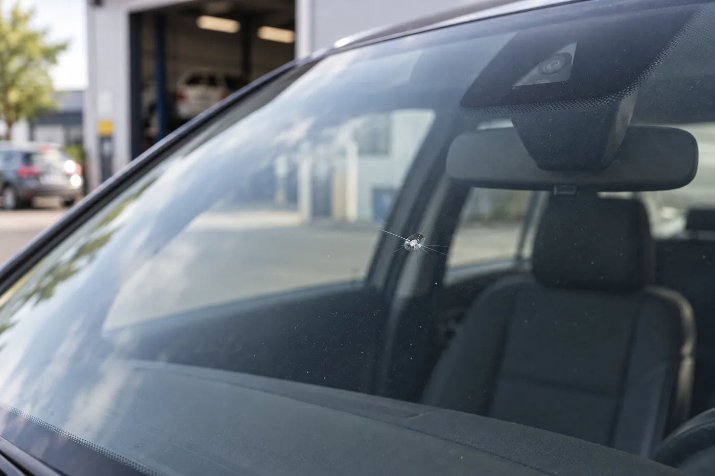 Impact visible sur le pare-brise d’une voiture stationnée