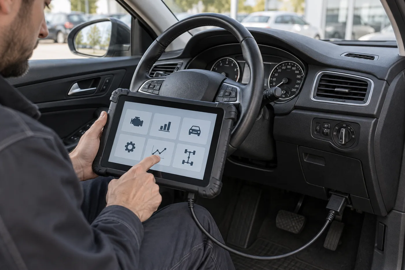 Tablette de diagnostic reliée à une voiture à l’arrêt