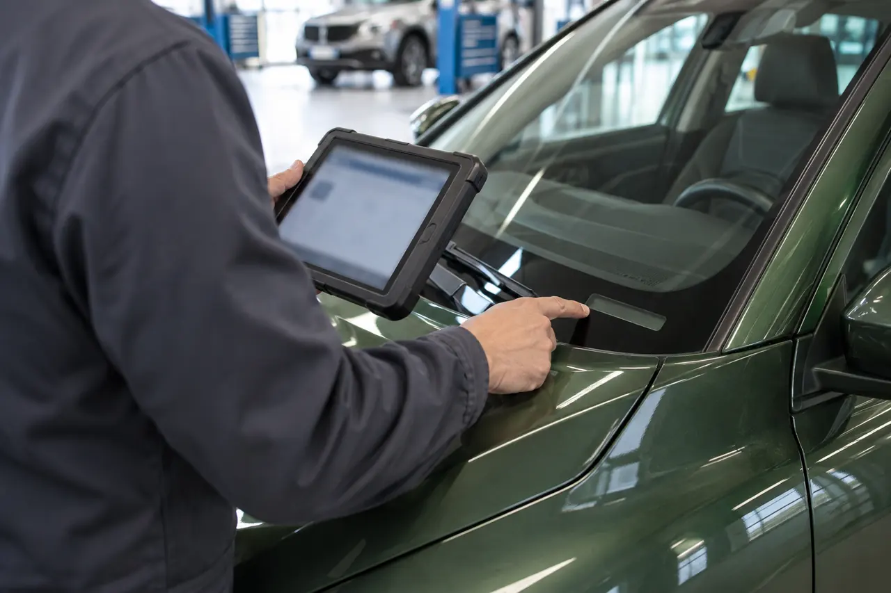Technicien consultant une tablette de diagnostic près d’une voiture en atelier