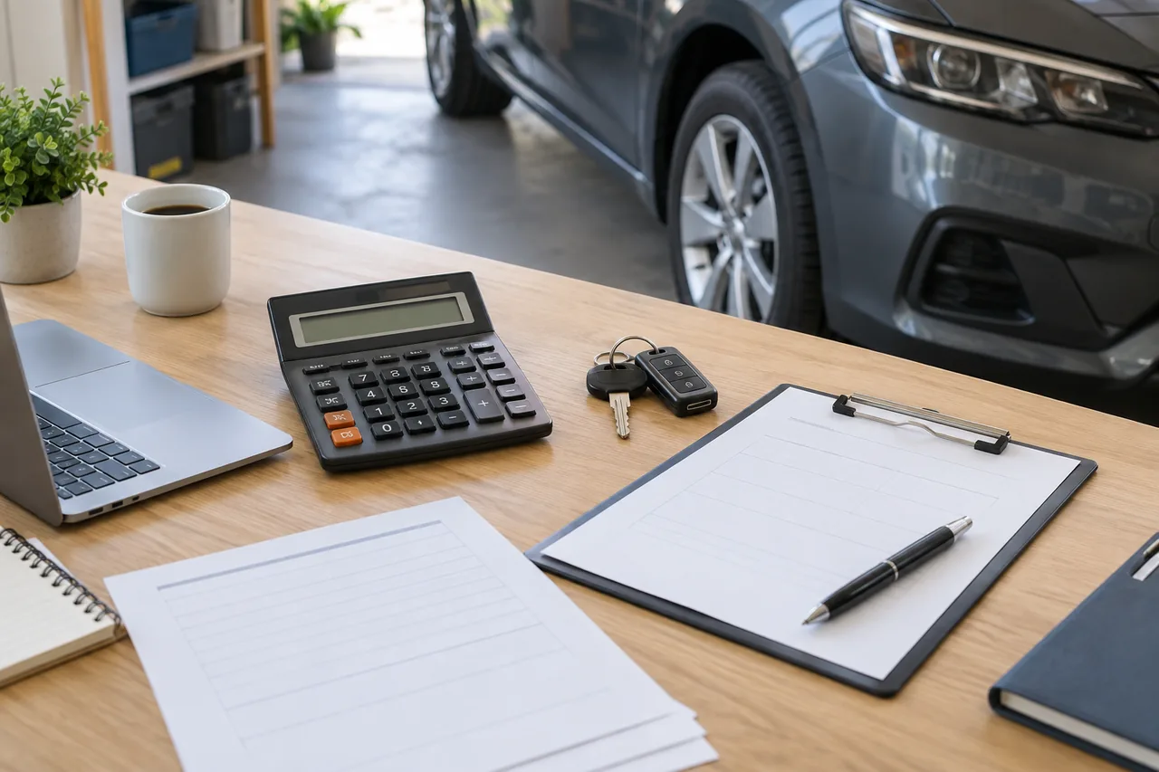 Calculatrice, clés et documents préparés pour calculer le montant net d’une vente automobile